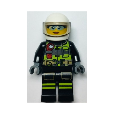 Fire - Reflective Stripes with Utility Belt and Flashlight, White Helmet, Trans-Black Visor, Safety Glasses, Peach Lips Closed Mouth Smile