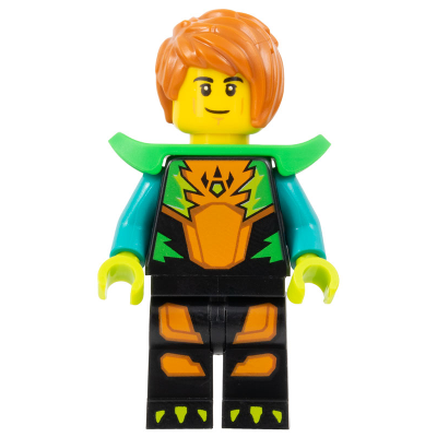 Stuntz Driver - Male, Black Jumpsuit with Orange Trim and Dark Turquoise Arms, Bright Green Shoulder Pads, Dark Orange Hair