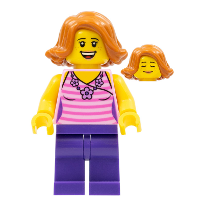 Woman, Striped Pink Shirt with Flower Necklace, Dark Purple Legs, Dark Orange Female Hair Short Swept Sideways