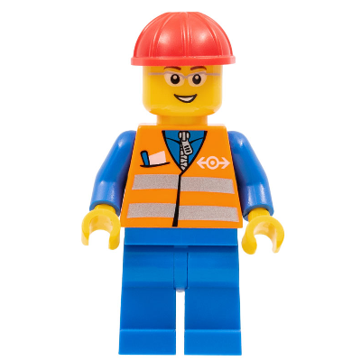 Orange Vest with Safety Stripes - Blue Legs, Gray Frame Glasses, Red Construction Helmet