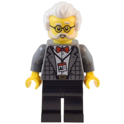 Natural History Museum Curator - Male, Dark Bluish Gray Plaid Jacket with Red Bow Tie, Black Legs, White Hair, Glasses