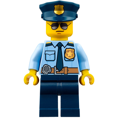 Police - City Officer Shirt with Dark Blue Tie and Gold Badge, Dark Tan Belt with Radio, Dark Blue Legs, Police Hat with Gold Badge, Sunglasses