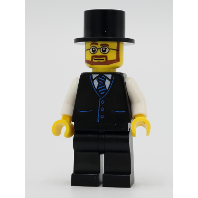 Haunted House Butler - Male, Black Vest with Blue Striped Tie, Black Legs, Black Top Hat, Glasses and Beard
