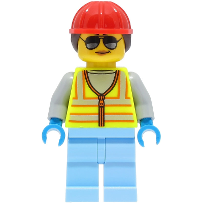 Space Engineer - Female, Neon Yellow Safety Vest, Bright Light Blue Legs, Red Construction Helmet with Dark Brown Hair