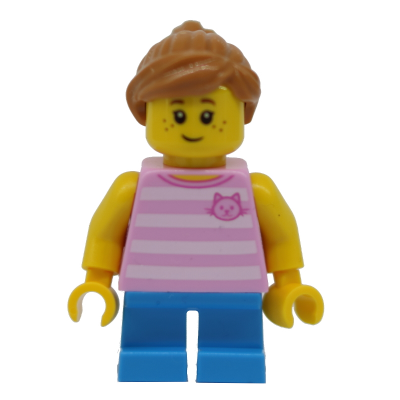 Girl, Bright Pink Striped Top with Cat Head, Dark Azure Short Legs and Medium Nougat Ponytail and Swept Sideways Fringe