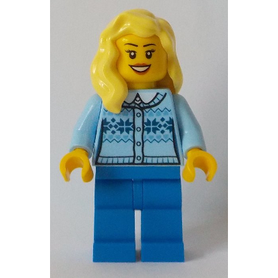 Fair Isle Sweater, Bright Light Yellow Female Hair over Shoulder, Blue Legs