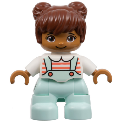 Duplo Figure Lego Ville, Child Girl, Light Aqua Legs, White Top with Coral Stripes, Reddish Brown Hair