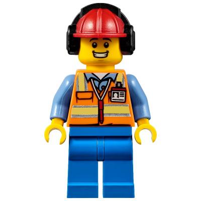 Ground Crew, Orange Safety Vest, Blue Legs, Red Hard Hat with Ear Defenders