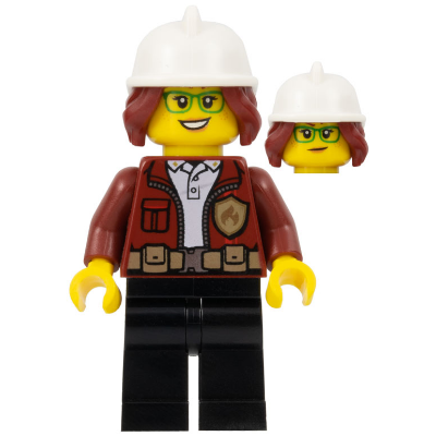 Produktbild Fire Chief, Female - Freya McCloud, Dark Red Jacket, Black Legs, White Fire Helmet, Open Mouth Smile / Lopsided Grin Pattern
