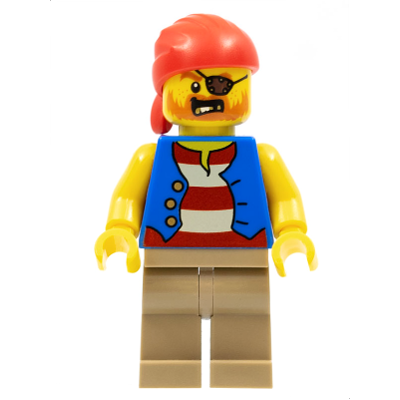 Pirate Man, Striped Red and White Shirt Under Blue Vest, Red Bandana, Left Eye Patch and 3 Gold Teeth, Dark Tan Legs