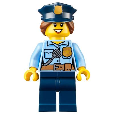 Policewoman, Bright Light Blue Shirt with Radio and Badge, Dark Blue Legs, Police Hat with Badge, Open Mouth