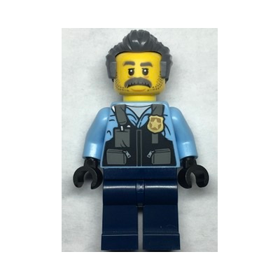 Police - Officer Sam Grizzled, Bright Light Blue Jacket, Dark Blue Legs, Dark Bluish Gray Hair