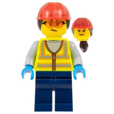 Airport Worker - Female, Neon Yellow Safety Vest, Dark Blue Legs, Red Construction Helmet with Dark Brown Ponytail Hair, Safety Glasses