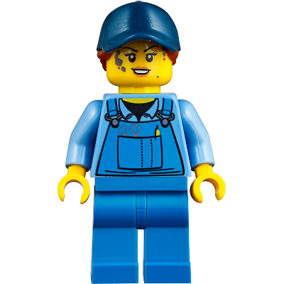 Mechanic - Female, Medium Blue Shirt and Blue Overalls, Blue Legs, Dark Blue Cap with Dark Orange Ponytail, No Back Print
