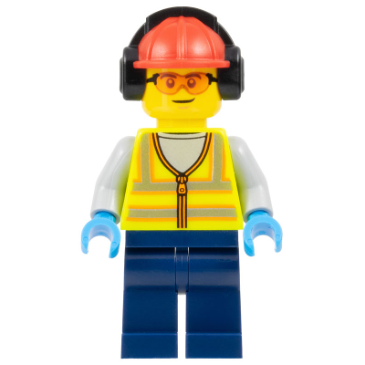Airport Worker - Male, Neon Yellow Safety Vest, Dark Blue Legs, Red Construction Helmet with Black Ear Protectors / Headphones, Safety Glasses