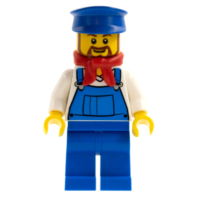 Overalls Blue over V-Neck Shirt, Blue Legs, Blue Hat, Brown Beard Rounded - Cargo Train Driver