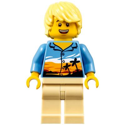 Man, Medium Blue Shirt with Palm Trees and Sunset, Tan Legs, Bright Light Yellow Hair