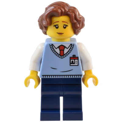 Natural History Museum Employee - Female, Bright Light Blue Sweater Vest with ID Badge, Dark Blue Legs, Reddish Brown Hair