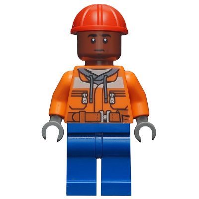 Dock Worker - Male, Orange Safety Jacket, Reflective Stripe, Sand Blue Hoodie, Blue Legs, Red Construction Helmet, Reddish Brown Head
