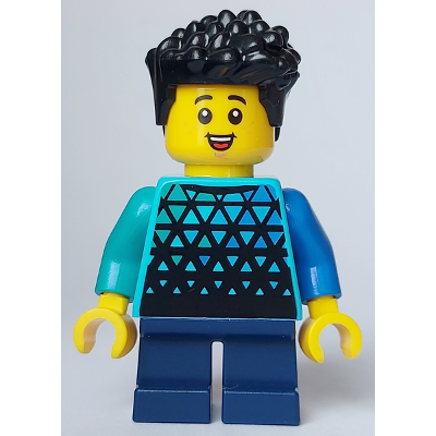 Child - Boy, Medium Azure Top with Triangles, Dark Blue Short Legs, Black Hair