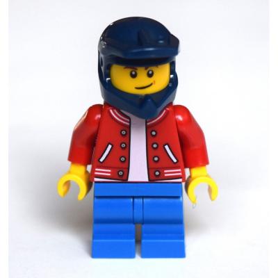 Boy, Red Letterman Jacket, Blue Medium Legs, Dark Blue Dirt Bike Helmet
