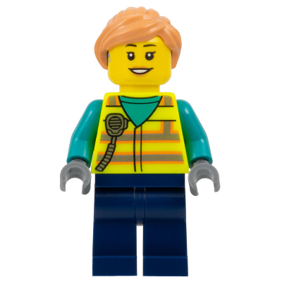 Airport Worker - Female, Neon Yellow Safety Vest with Radio, Dark Blue Legs, Nougat Ponytail Hair, Hearing Aid
