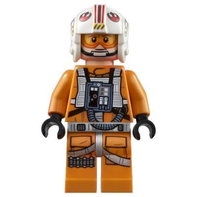 Luke Skywalker, Orange Rebel Pilot Outfit, Light Bluish Gray Hips, Black Hands, Printed Visor, Detailed Chest Panel