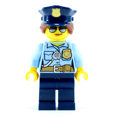 Police - City Officer Female, Bright Light Blue Shirt with Badge and Radio, Dark Blue Legs, Dark Blue Police Hat, Sunglasses