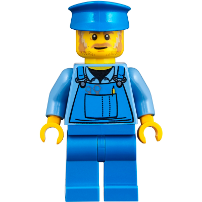 Mechanic - Male, Blue Overalls over Medium Blue Shirt, Blue Legs, Blue Police Hat, Dark Tan Moustache and Sideburns, No Back Print