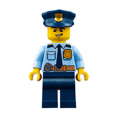 Police - City Shirt with Dark Blue Tie and Gold Badge, Dark Tan Belt with Radio, Dark Blue Legs, Police Hat with Gold Badge, Lopsided Grin