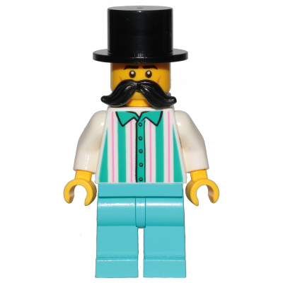 Fairground Employee, Male - Black Top Hat, Moustache, White Shirt with Stripes, Medium Azure Legs