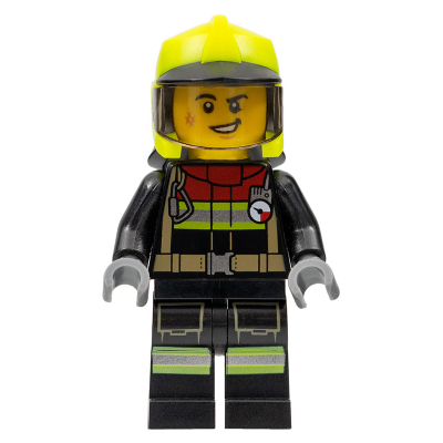 Produktbild Fire - Male, Black Jacket and Legs with Reflective Stripes and Red Collar, Neon Yellow Fire Helmet, Trans-Brown Visor