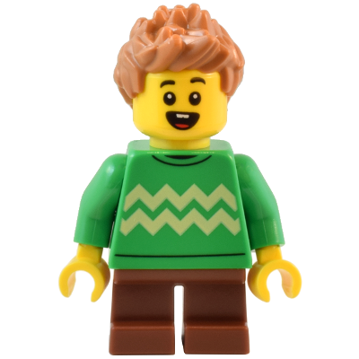 Produktbild Child - Boy, Bright Green Sweater with Bright Light Yellow Zigzag Lines, Reddish Brown Short Legs, Medium Nougat Spiked Hair