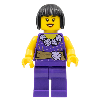 Female Dark Purple Blouse with Gold Sash and Flowers, Dark Purple Legs, Dark Brown Bob Cut Hair