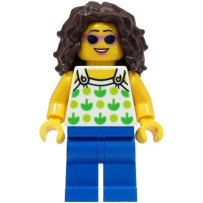 Beach Tourist - Female, White Top with Green Apples and Lime Dots, Blue Legs, Dark Brown Hair