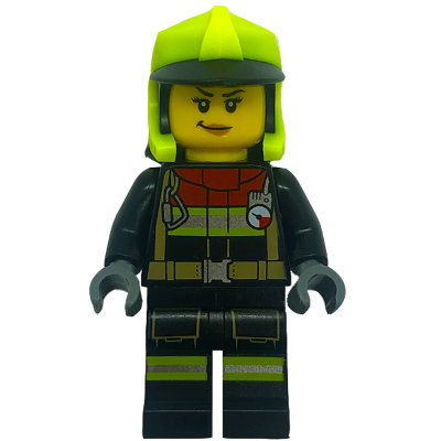 Fire - Female, Black Jacket and Legs with Reflective Stripes and Red Collar, Neon Yellow Fire Helmet, Right Raised Eyebrow, Medium Nougat Lips, Smirk
