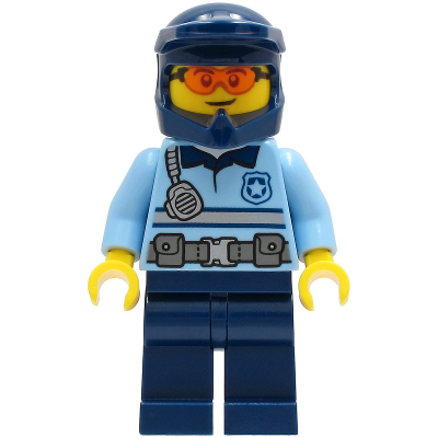 Police - City Officer Bright Light Blue Shirt with Silver Stripe, Badge and Radio, Dark Blue Legs, Dark Blue Dirt Bike Helmet, Orange Glasses
