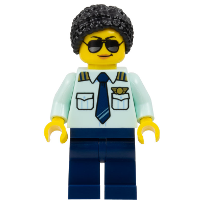 Passenger Plane Pilot - Female, Light Aqua Uniform Shirt with Tie, Dark Blue Legs, Black Braided Hair with Knot Bun, Sunglasses