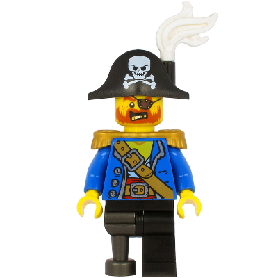 Pirate Captain - Bicorne Hat with Skull and White Plume, Pearl Gold Epaulettes, Blue Open Jacket, Black Leg and Pearl Dark Gray Peg Leg