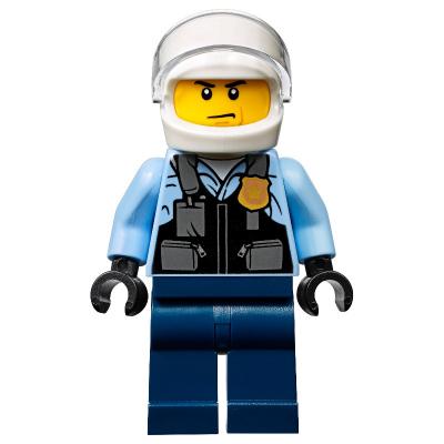 Policeman, Black Vest with Badge and Pouches over Bright Light Blue Shirt, Dark Blue Legs, White Helmet with Visor