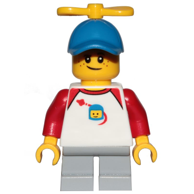 Boy, Freckles, Classic Space Shirt with Red Sleeves, Light Bluish Gray Short Legs, Blue Cap with Tiny Yellow Propeller
