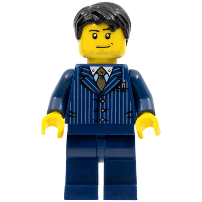 Businessman - Pinstripe Jacket and Gold Tie, Dark Blue Legs, Black Short Tousled Hair, Smirk and Stubble