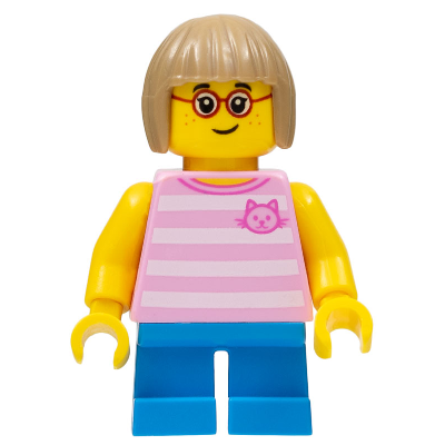 Girl, Bright Pink Striped Top with Cat Head, Dark Azure Short Legs