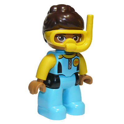 Duplo Figure Lego Ville, Female, Medium Azure Diving Suit, Yellow Arms, Dark Brown Hair, Yellow Diving Mask