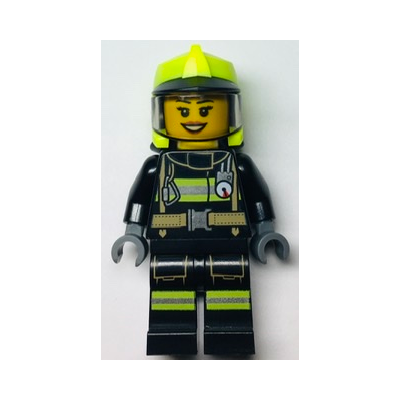 Fire - Female, Black Jacket and Legs with Reflective Stripes, Neon Yellow Fire Helmet, Trans-Black Visor
