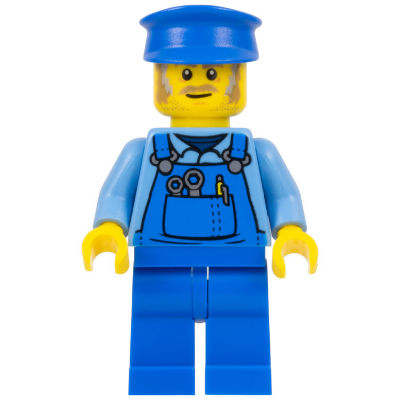 Mechanic - Male, Blue Overalls over Medium Blue Shirt, Blue Legs, Blue Police Hat, Dark Tan Moustache and Sideburns, Back Print