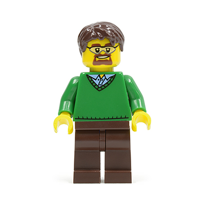 Green V-Neck Sweater, Dark Brown Legs, Dark Brown Short Tousled Hair, Safety Goggles