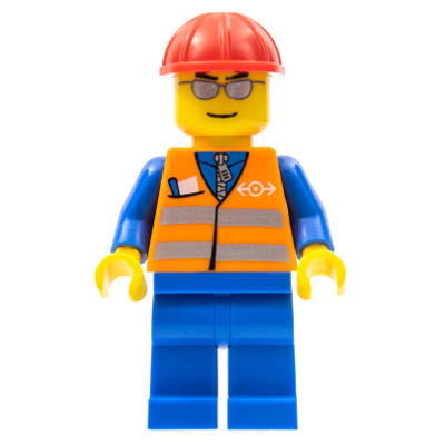 Orange Vest with Safety Stripes - Blue Legs, Silver Glasses, Red Construction Helmet