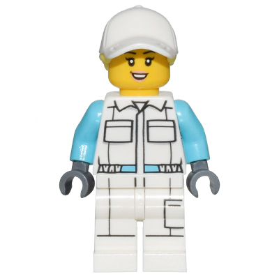 Electric Scooter Attendant - White Jumpsuit with Pockets, White Legs with Pocket, Peach Lips, White Cap