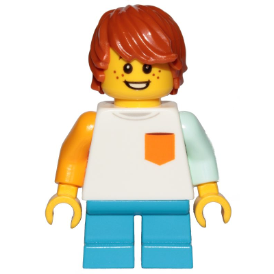 Boy, Freckles, White Shirt with Orange Pocket, Dark Azure Short Legs, Dark Orange Hair Tousled with Side Part